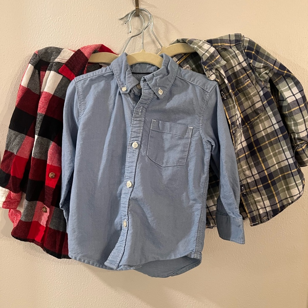 2T Boys fall 3 shirt bundle: flannel, plaid, solid blue